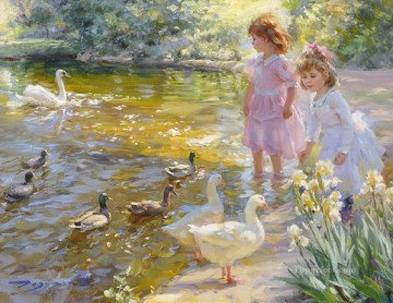 little girls and ducks geese kid child Oil Paintings